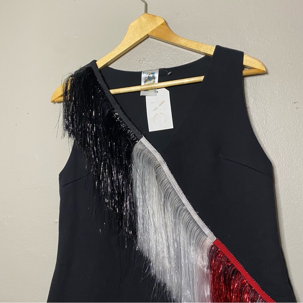 NEW Queen of Sparkles Red White Black Fringe Front Mini Dress Size Small - Picture 4 of 8